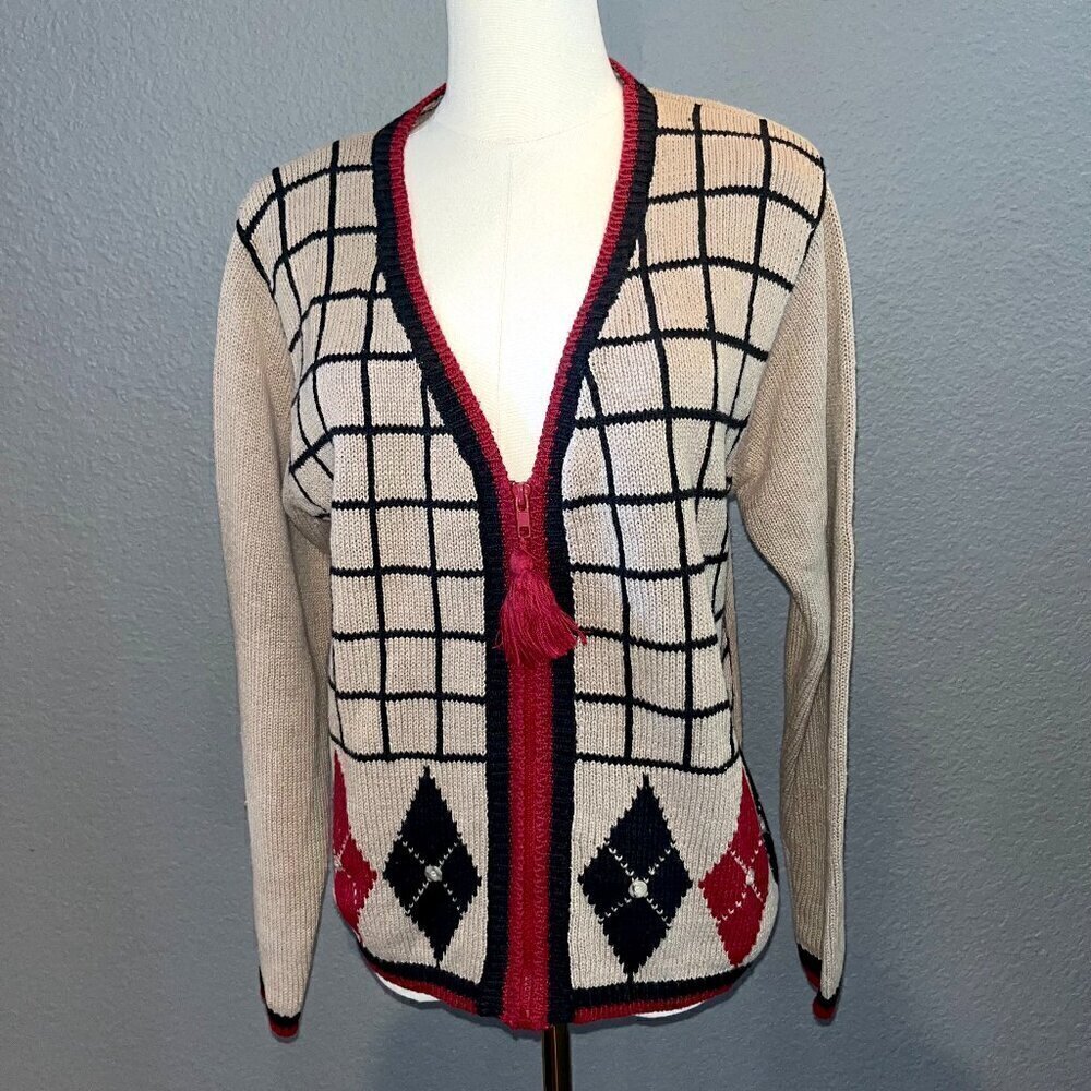 Vintage 70's 80's BOUNDARY WATERS Argyle Zip Up Padded Shoulder Cardigan Sweater